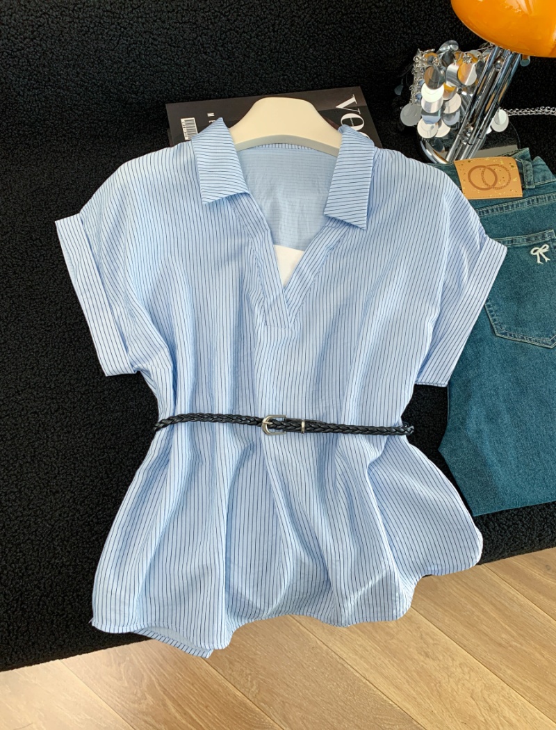 Western style Pseudo-two with belt V-neck shirt