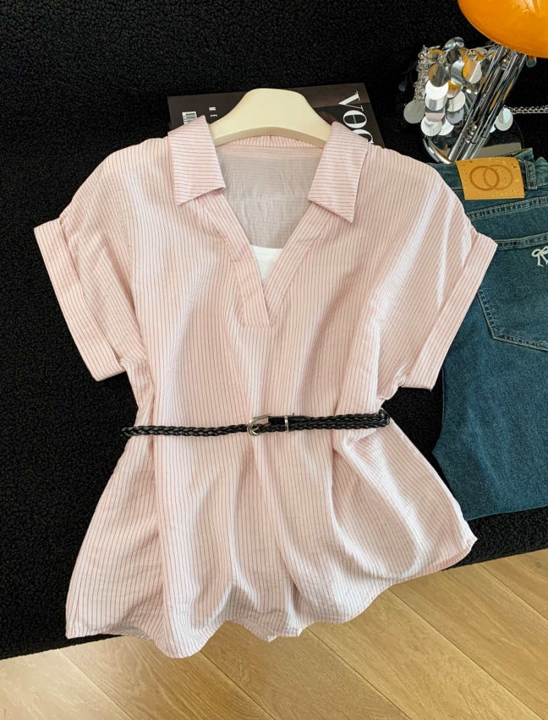 Western style Pseudo-two with belt V-neck shirt