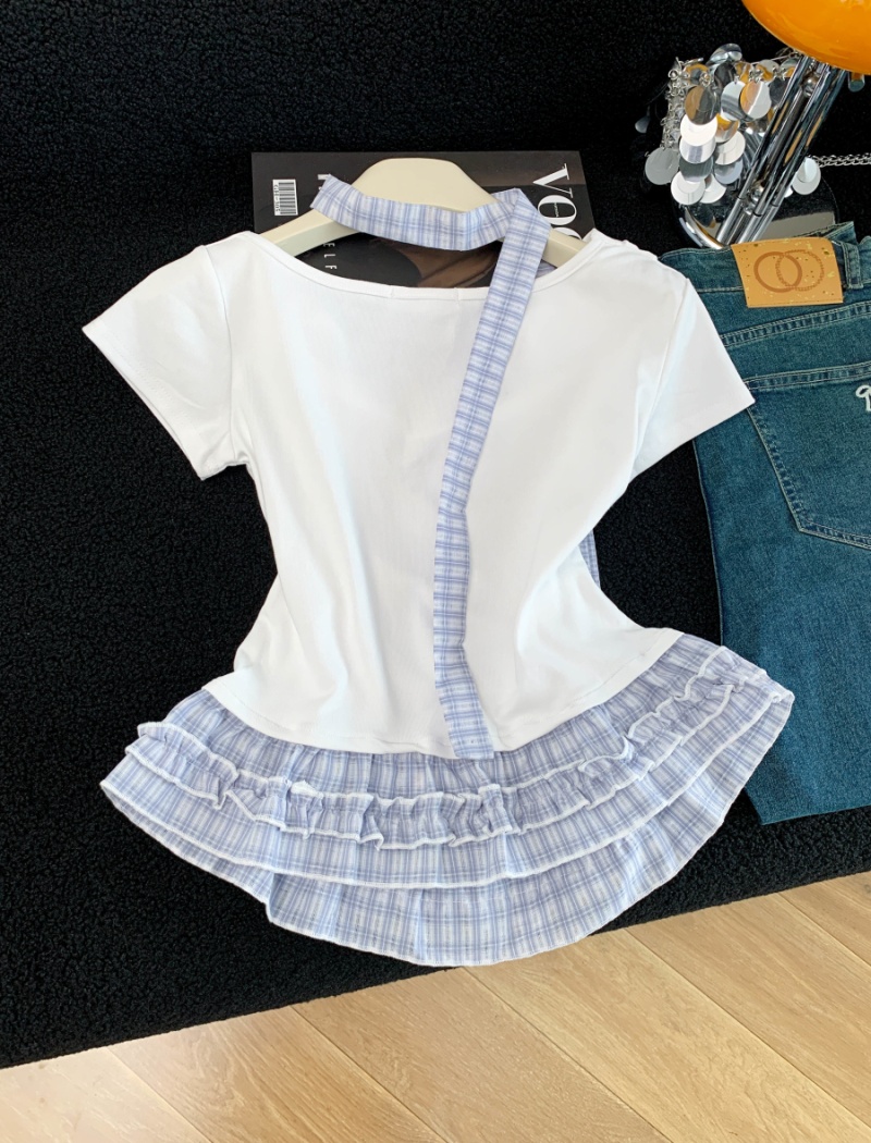 Pseudo-two slim T-shirt summer tops for women