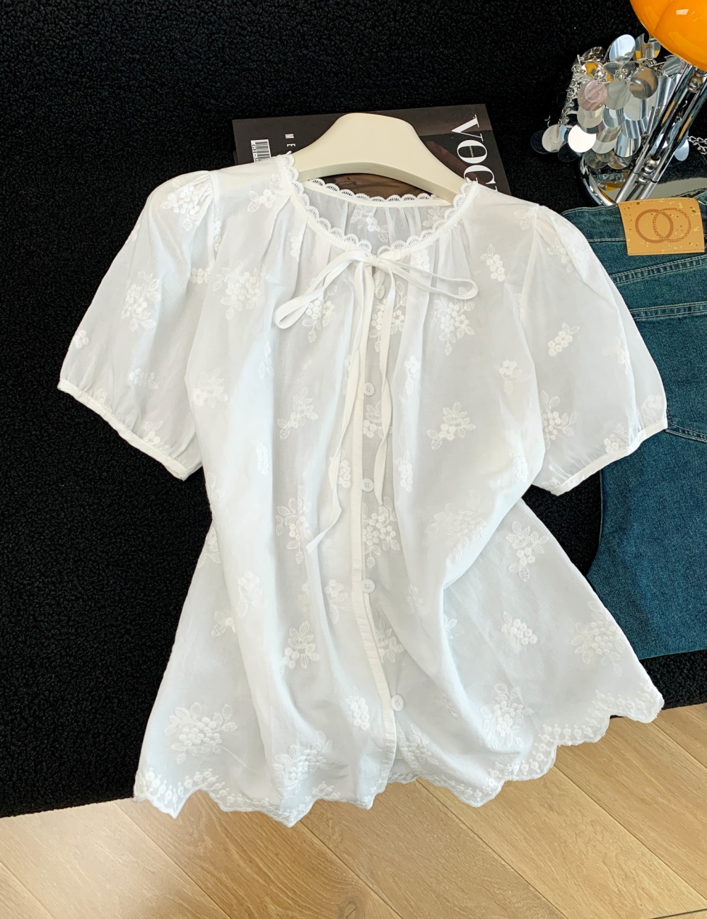 Short sleeve jacquard sweet tops summer pure cotton shirt