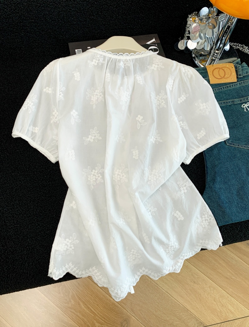 Short sleeve jacquard sweet tops summer pure cotton shirt