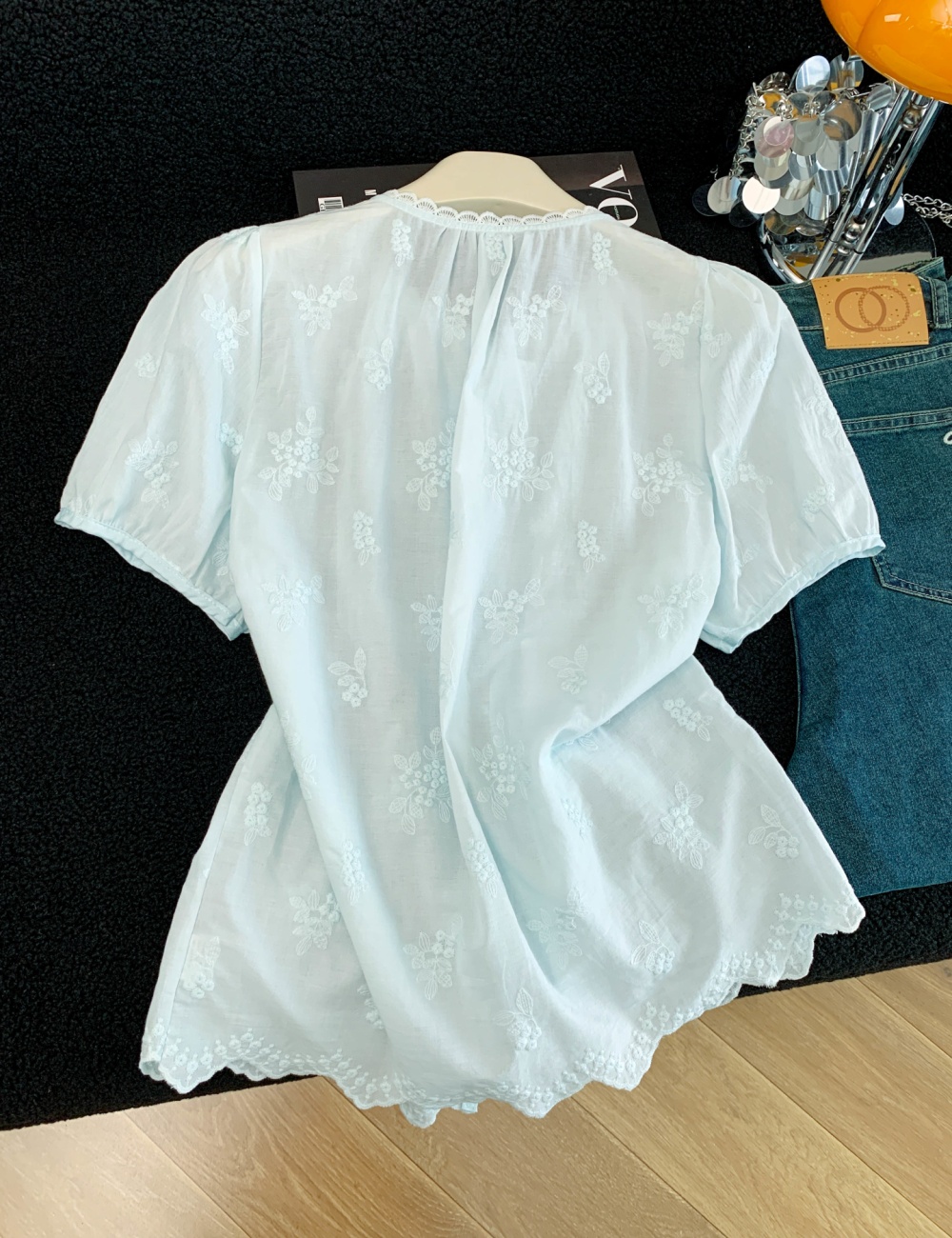 Short sleeve jacquard sweet tops summer pure cotton shirt