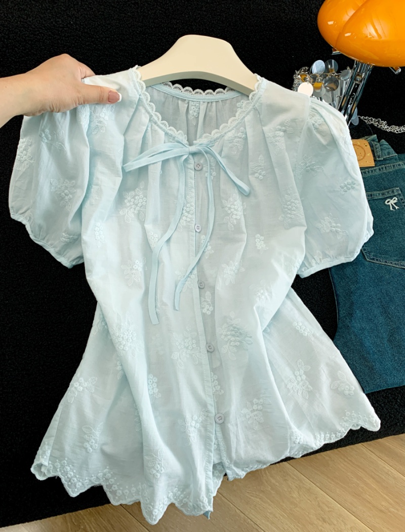 Short sleeve jacquard sweet tops summer pure cotton shirt