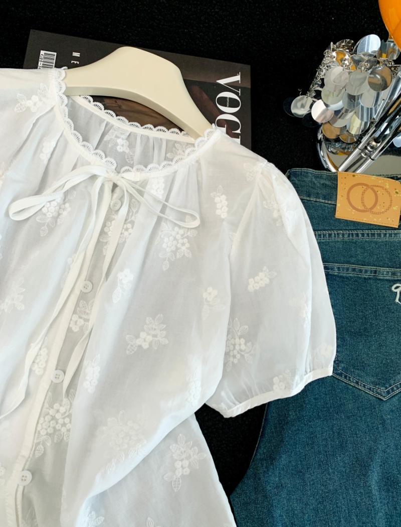 Short sleeve jacquard sweet tops summer pure cotton shirt
