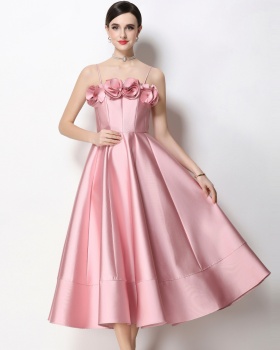 Sling ladies dress big skirt pinched waist formal dress