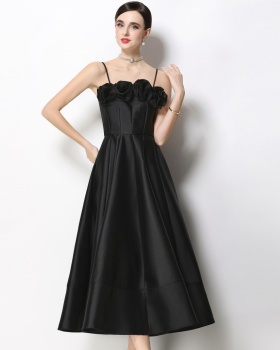 Satin ladies flowers dress big skirt sling formal dress