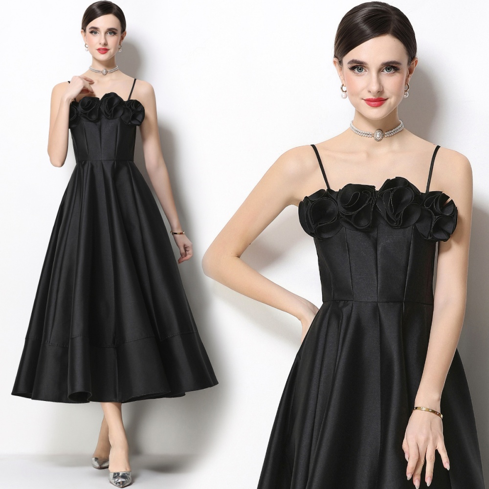 Satin ladies flowers dress big skirt sling formal dress