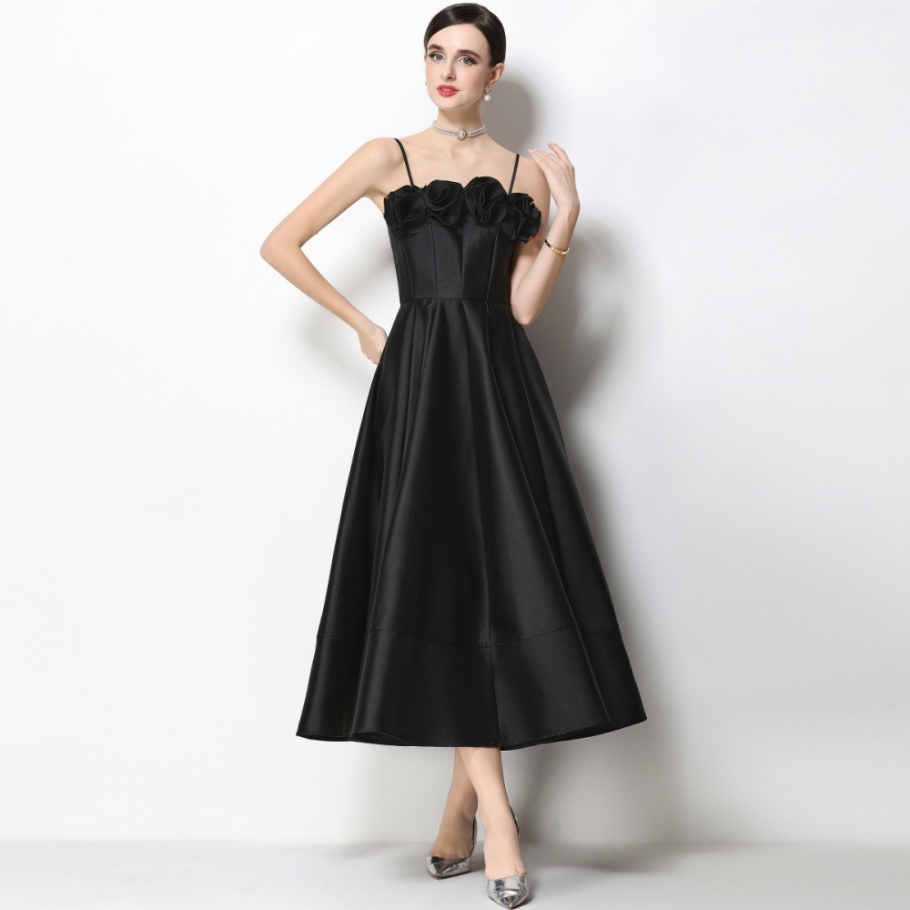 Satin ladies flowers dress big skirt sling formal dress
