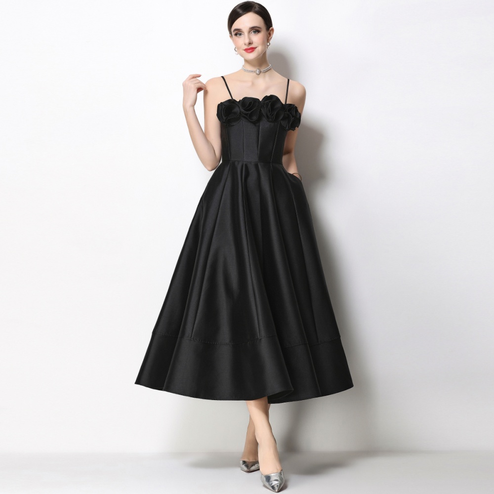 Satin ladies flowers dress big skirt sling formal dress