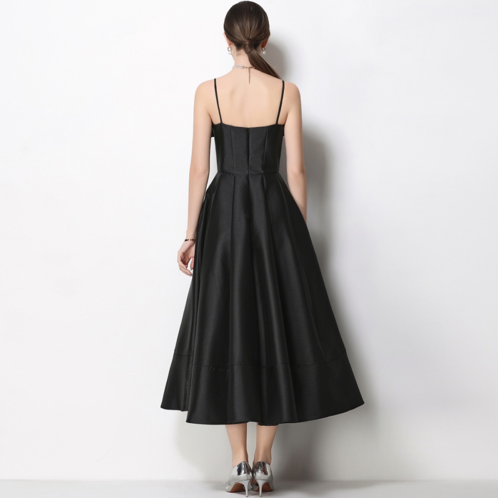 Satin ladies flowers dress big skirt sling formal dress