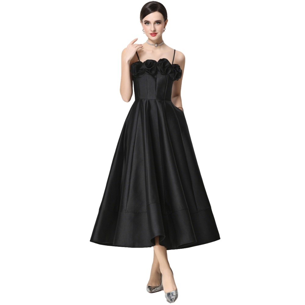 Satin ladies flowers dress big skirt sling formal dress