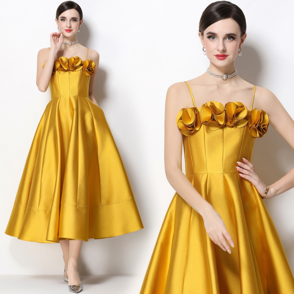 Flowers stereoscopic sling formal dress big skirt satin dress