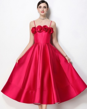 Satin stereoscopic formal dress flowers sling dress