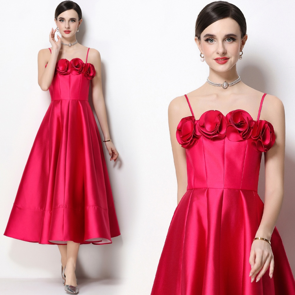 Satin stereoscopic formal dress flowers sling dress