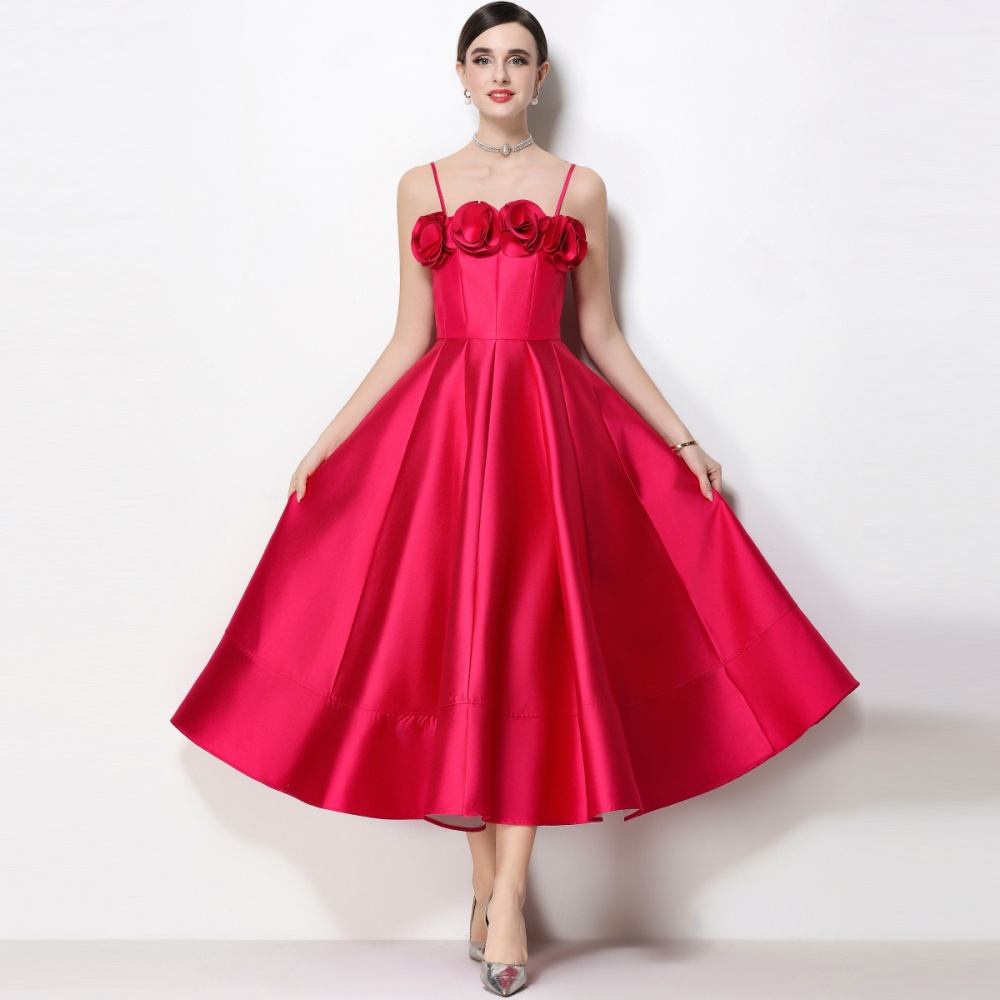 Satin stereoscopic formal dress flowers sling dress