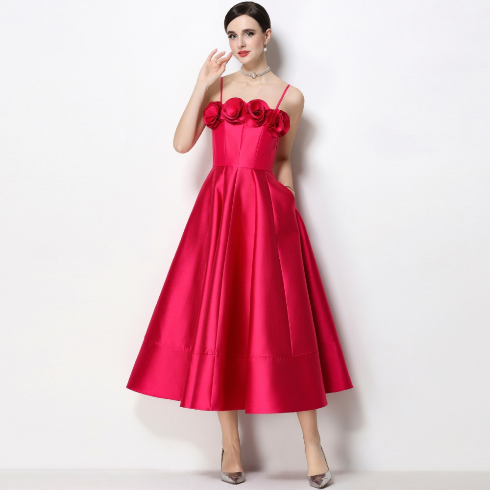 Satin stereoscopic formal dress flowers sling dress