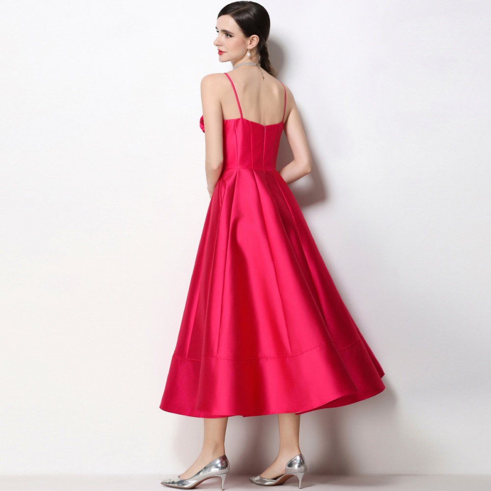 Satin stereoscopic formal dress flowers sling dress