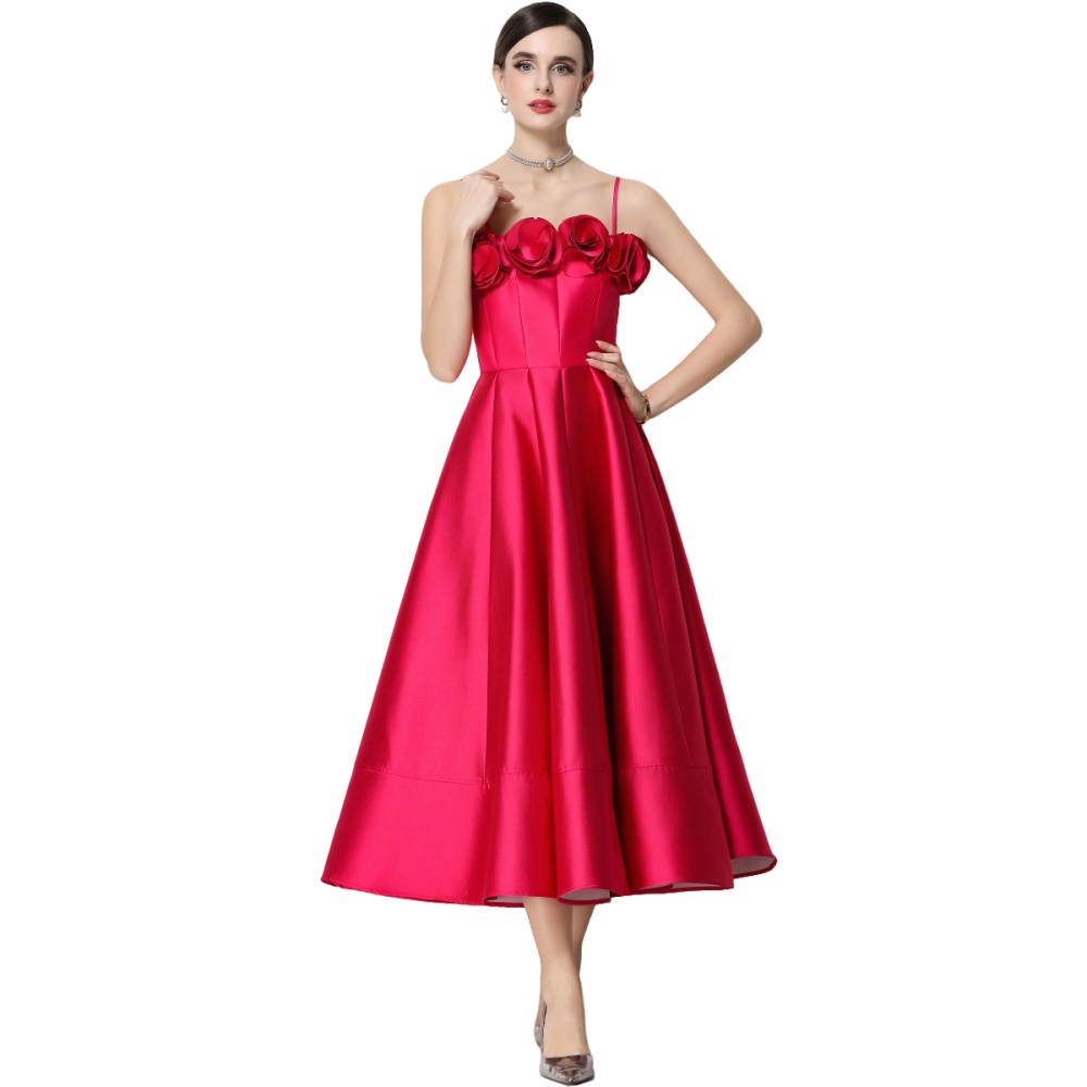 Satin stereoscopic formal dress flowers sling dress