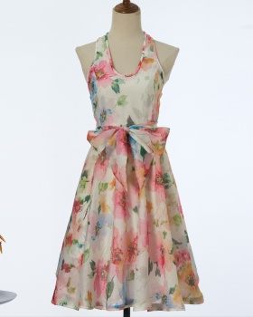 U-neck printing mini spring dress