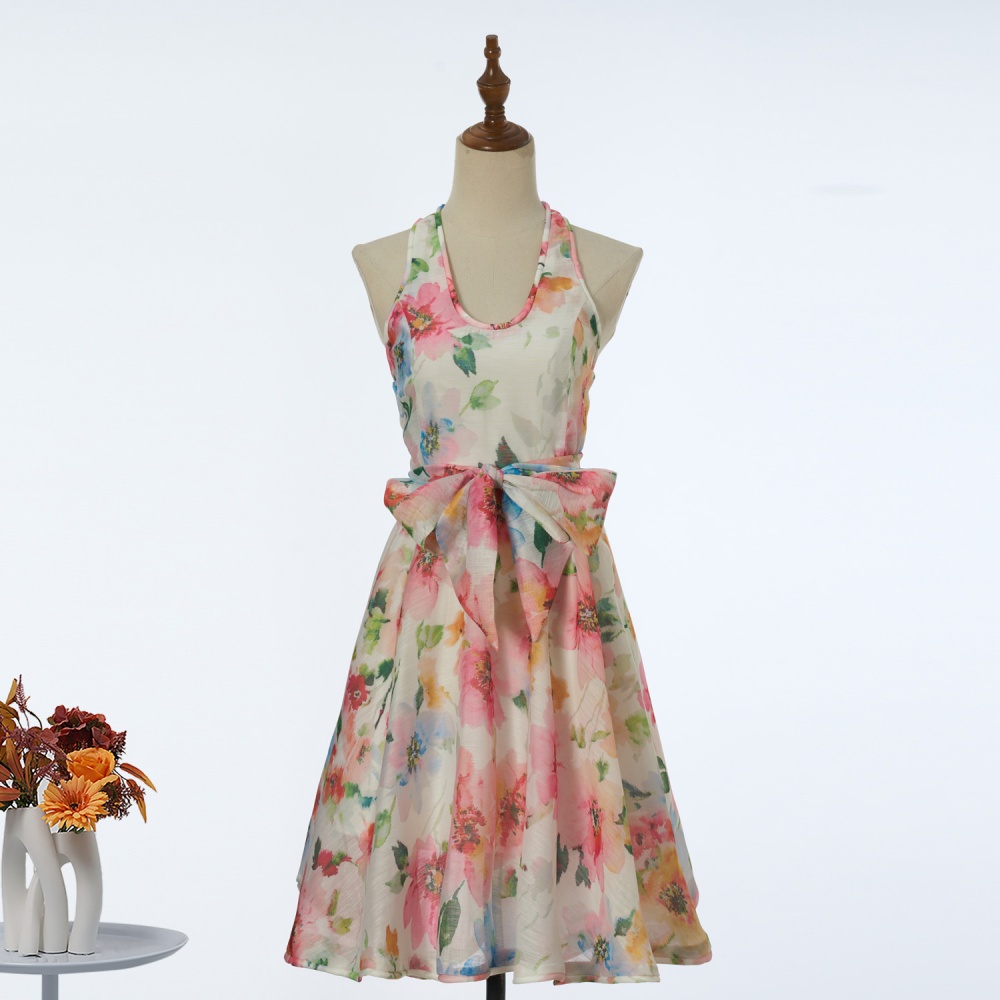 U-neck printing mini spring dress