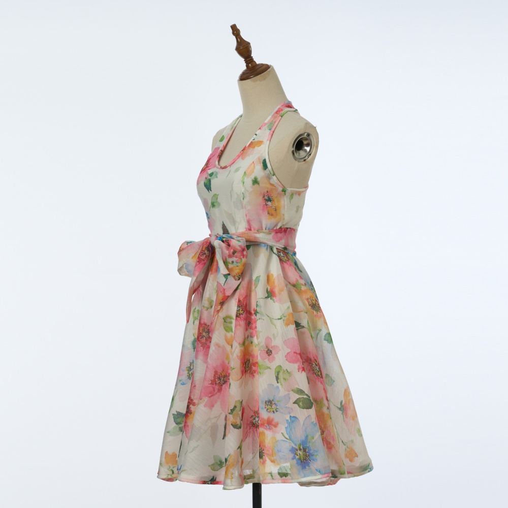 U-neck printing mini spring dress