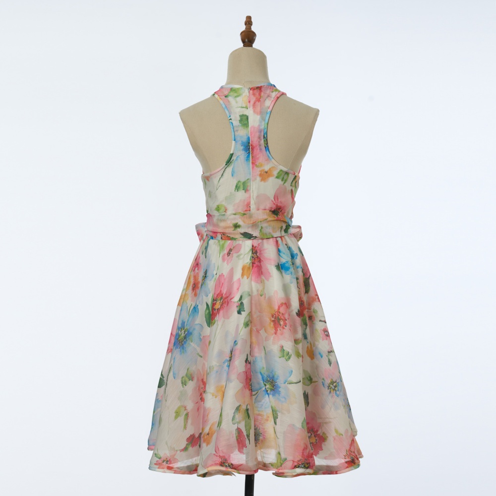 U-neck printing mini spring dress