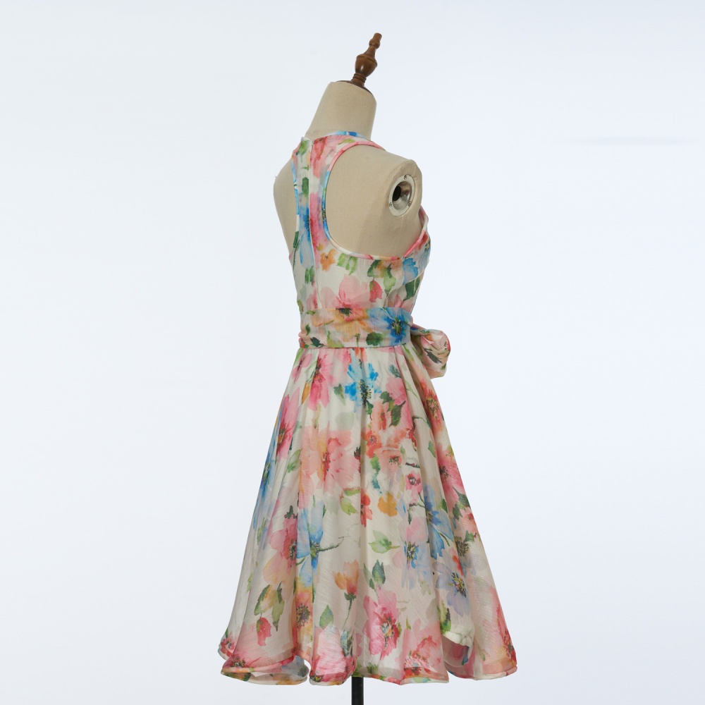 U-neck printing mini spring dress