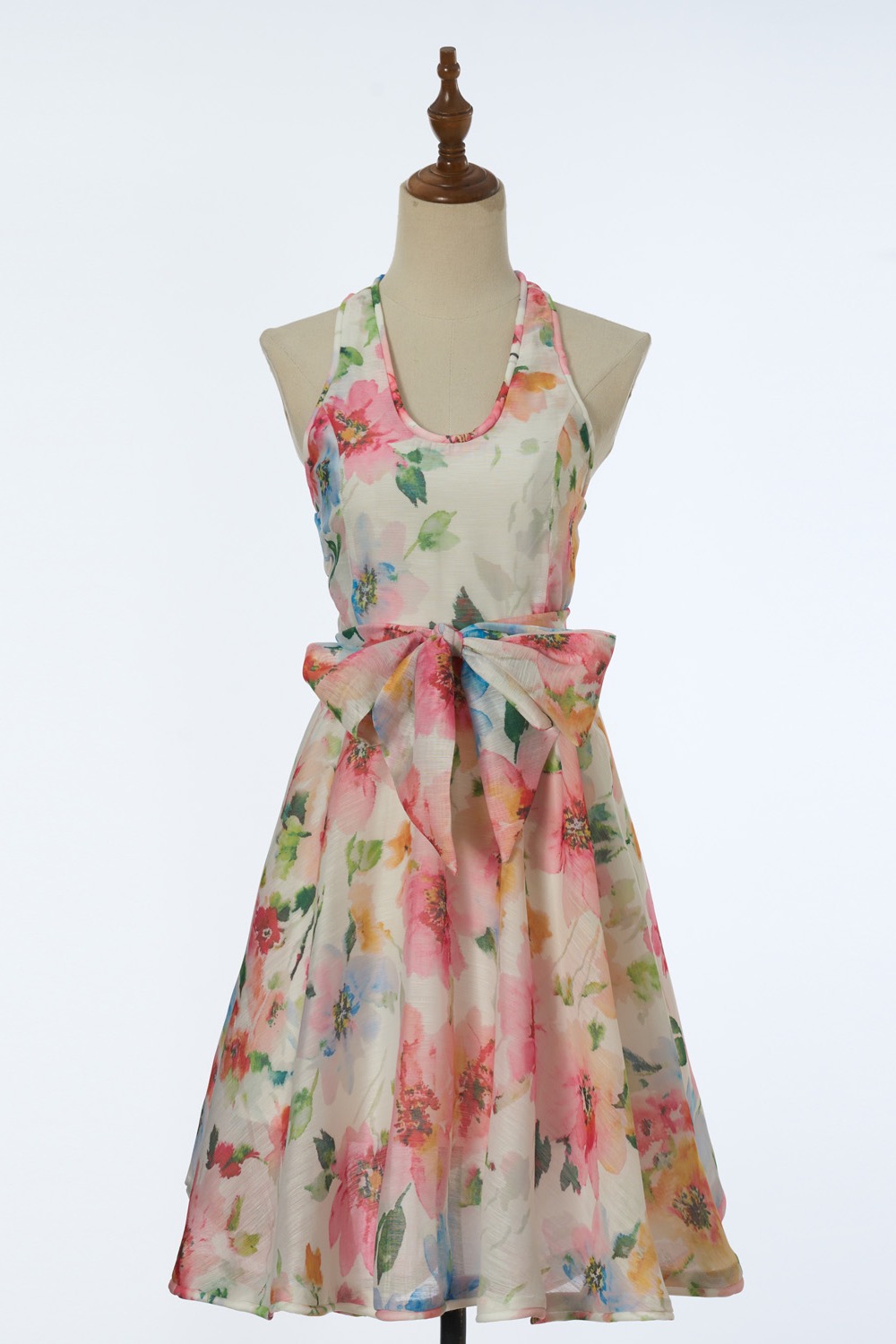 U-neck printing mini spring dress