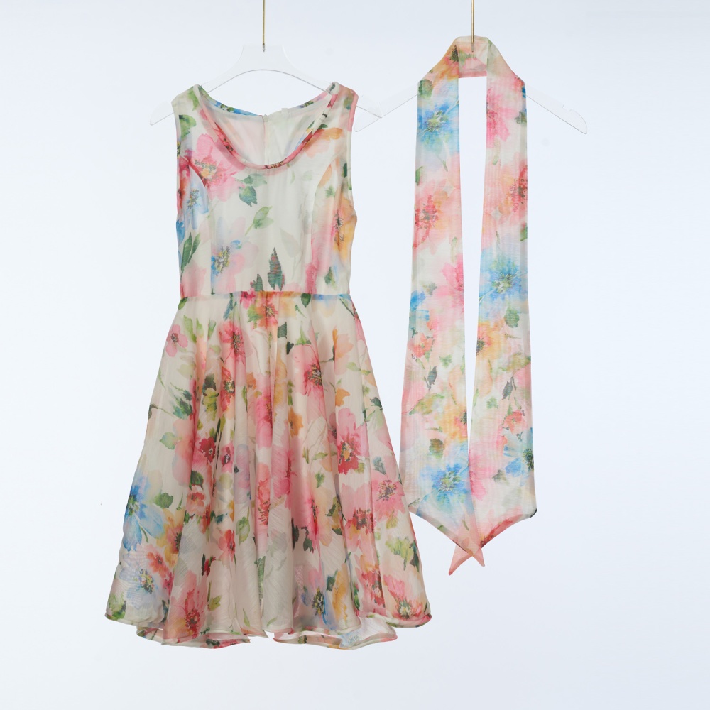 U-neck printing mini spring dress