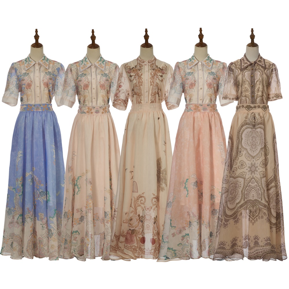 Pinched waist long short sleeve colors skirt a set