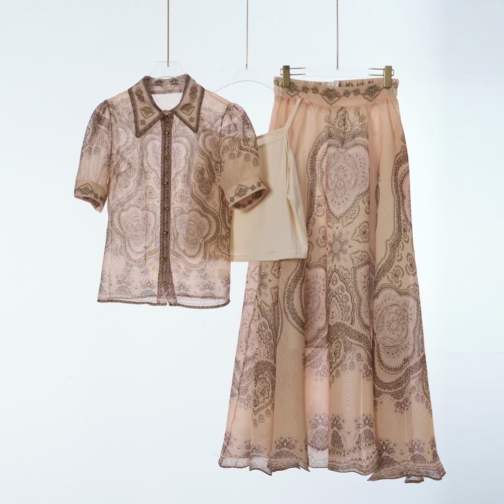 Pinched waist long short sleeve colors skirt a set