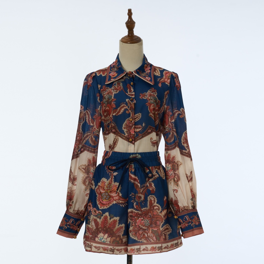 Long sleeve patterns shirt real silk summer swimwear a set