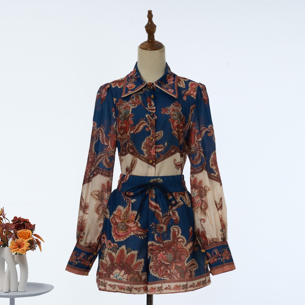Long sleeve patterns shirt real silk summer swimwear a set