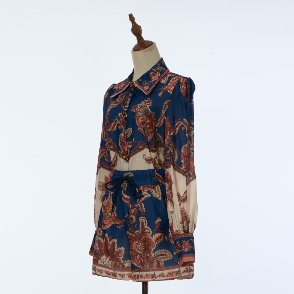 Long sleeve patterns shirt real silk summer swimwear a set