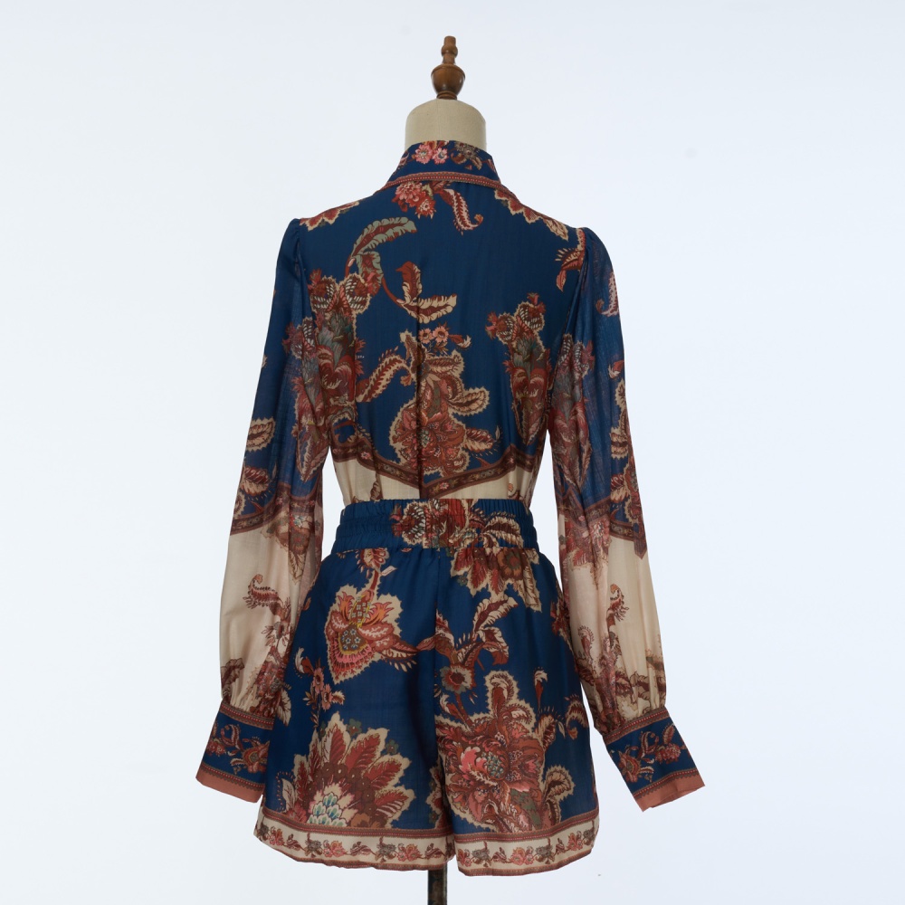 Long sleeve patterns shirt real silk summer swimwear a set