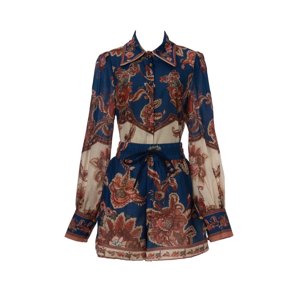Long sleeve patterns shirt real silk summer swimwear a set