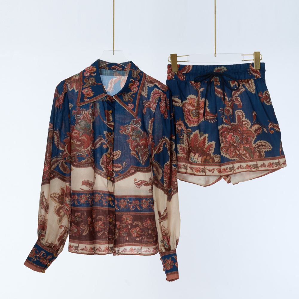 Long sleeve patterns shirt real silk summer swimwear a set