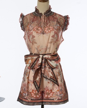 Sleeveless short printing elegant style spring tops a set