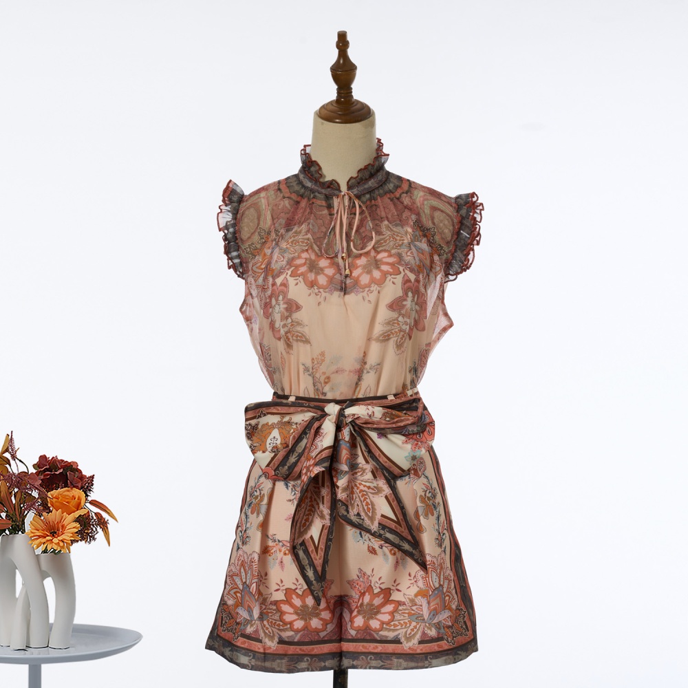 Sleeveless short printing elegant style spring tops a set
