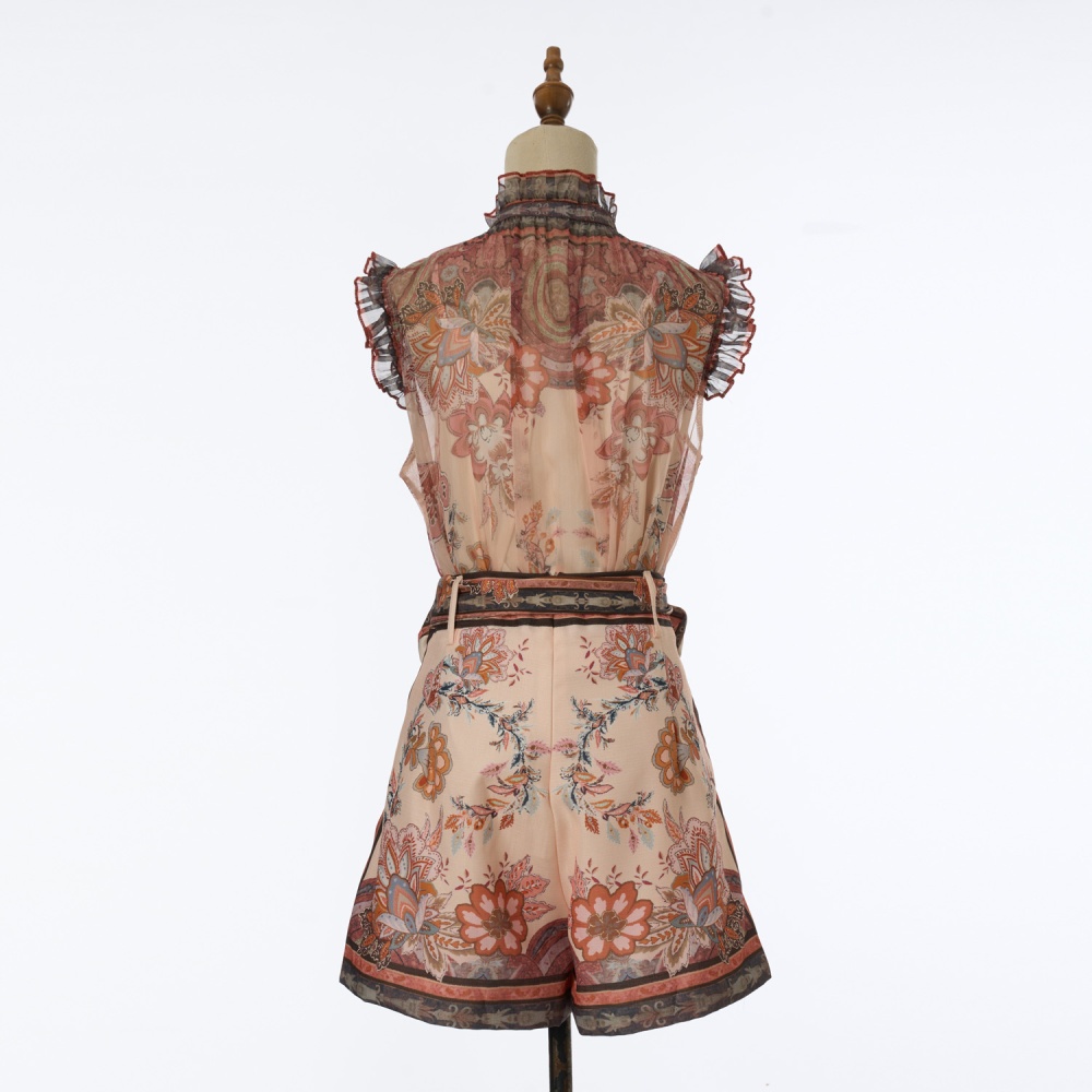 Sleeveless short printing elegant style spring tops a set