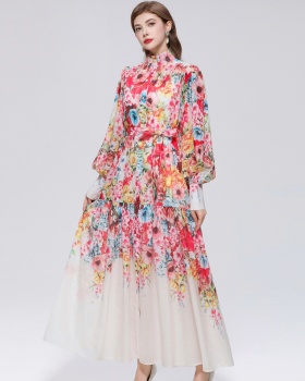 France style printing long sleeve niche big skirt dress