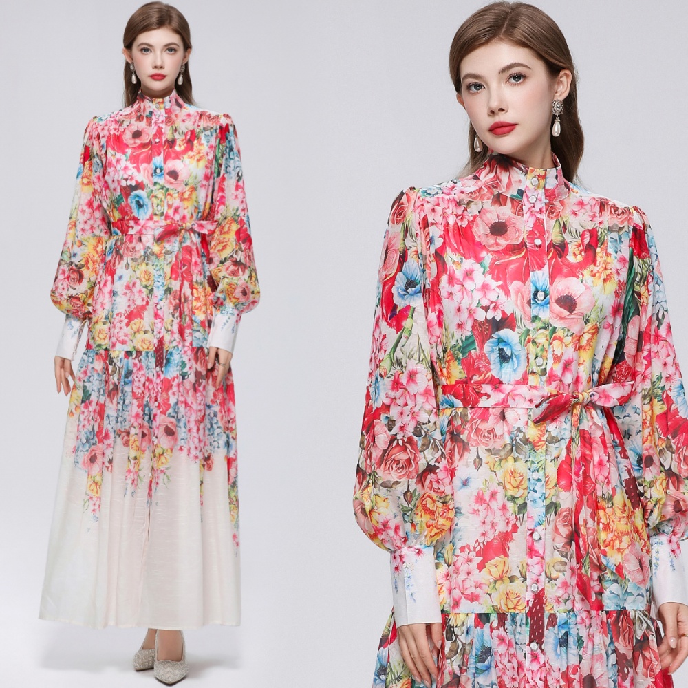 France style printing long sleeve niche big skirt dress