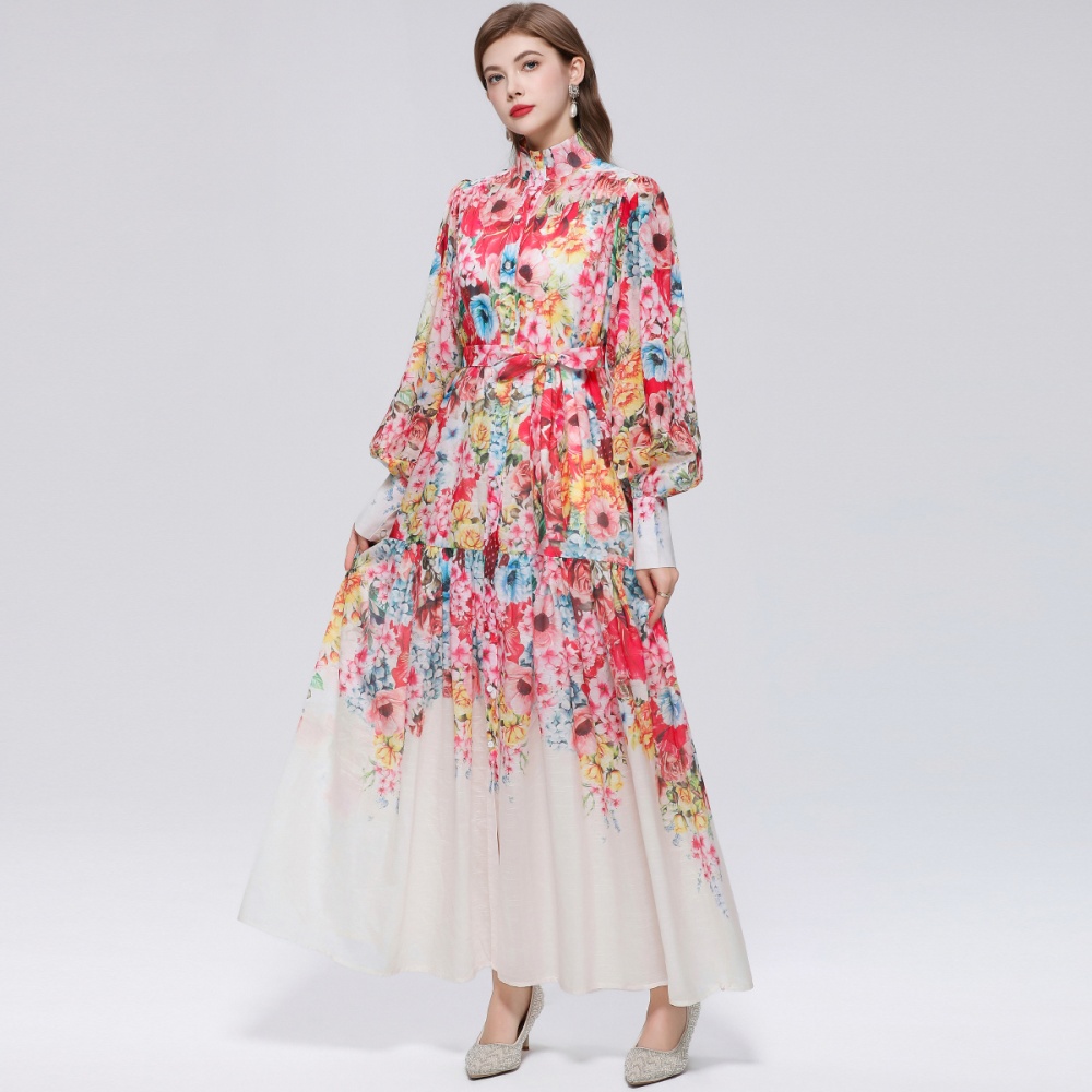 France style printing long sleeve niche big skirt dress