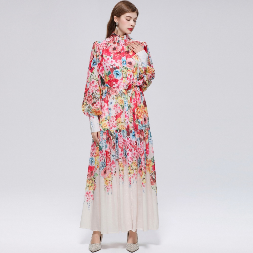 France style printing long sleeve niche big skirt dress