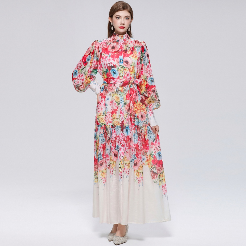 France style printing long sleeve niche big skirt dress