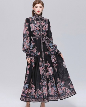 Long sleeve big skirt single-breasted printing dress