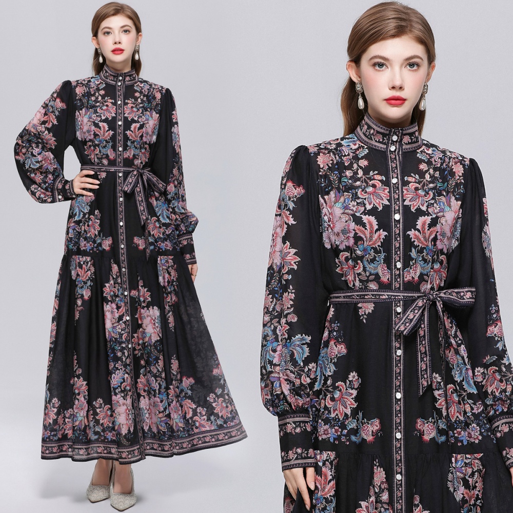 Long sleeve big skirt single-breasted printing dress