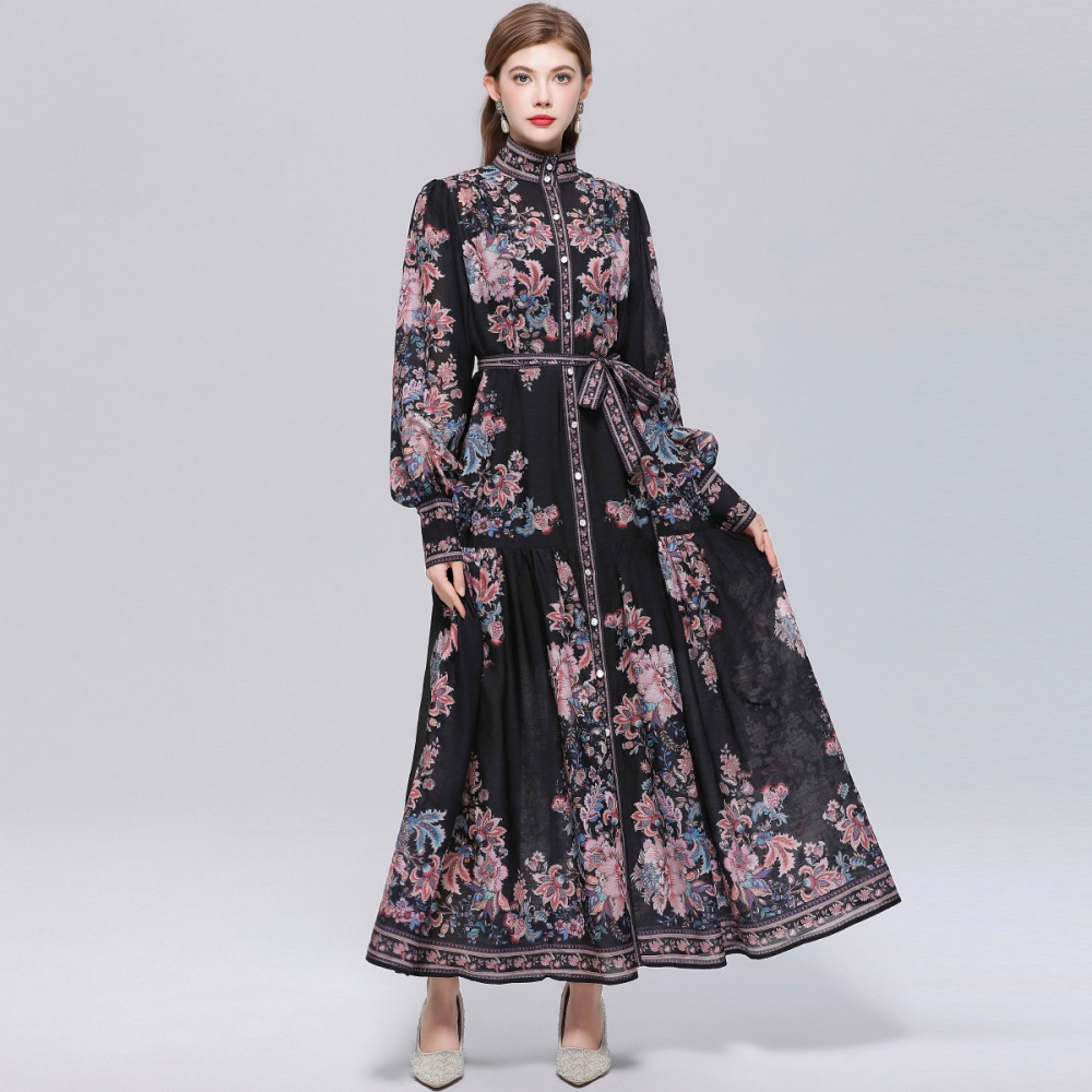 Long sleeve big skirt single-breasted printing dress