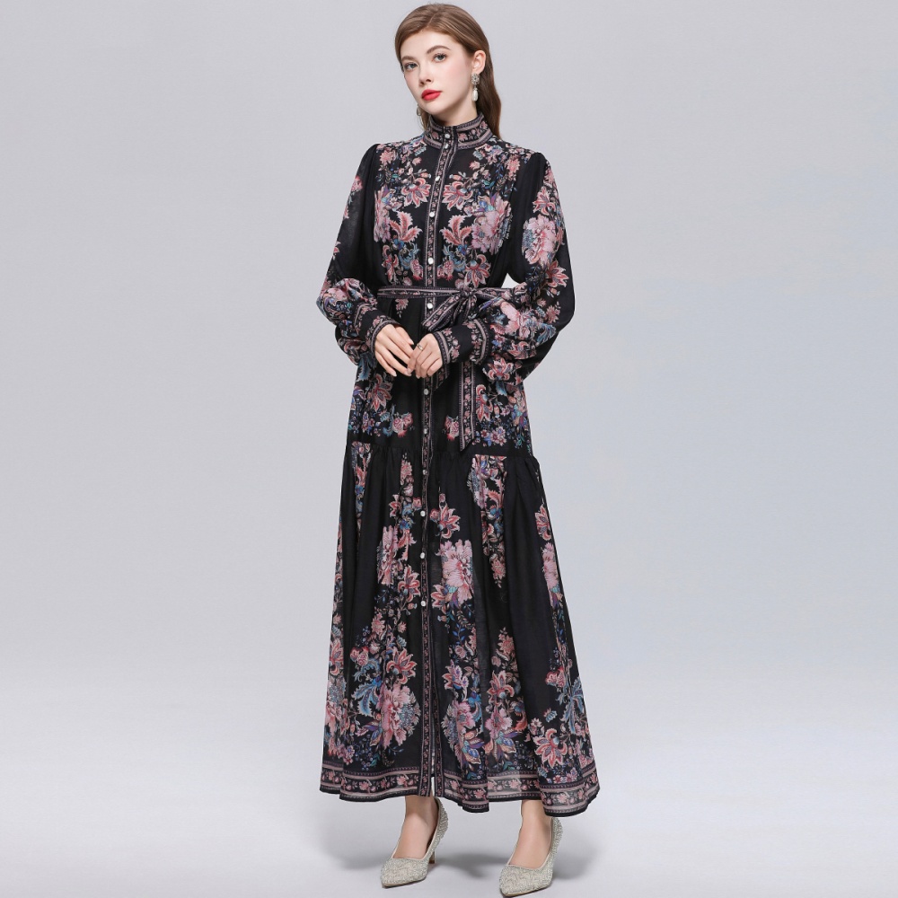 Long sleeve big skirt single-breasted printing dress