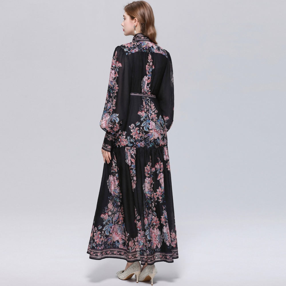 Long sleeve big skirt single-breasted printing dress